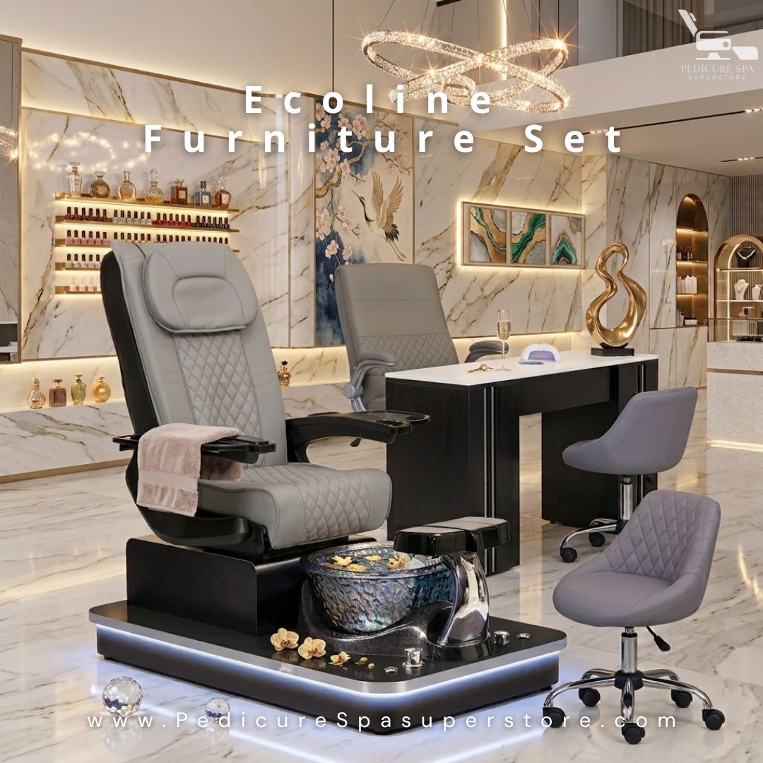 Ecoline Furniture Set featuring a grey quilted pedicure spa chair with LED basin, matching manicure desk, and technician stools in a luxury salon setting.