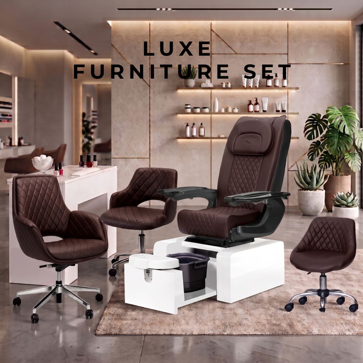 Brown diamond-stitched pedicure spa chair with slide-out footbath, matching wheeled client chairs, and a white manicure desk from the Luxe salon furniture collection.