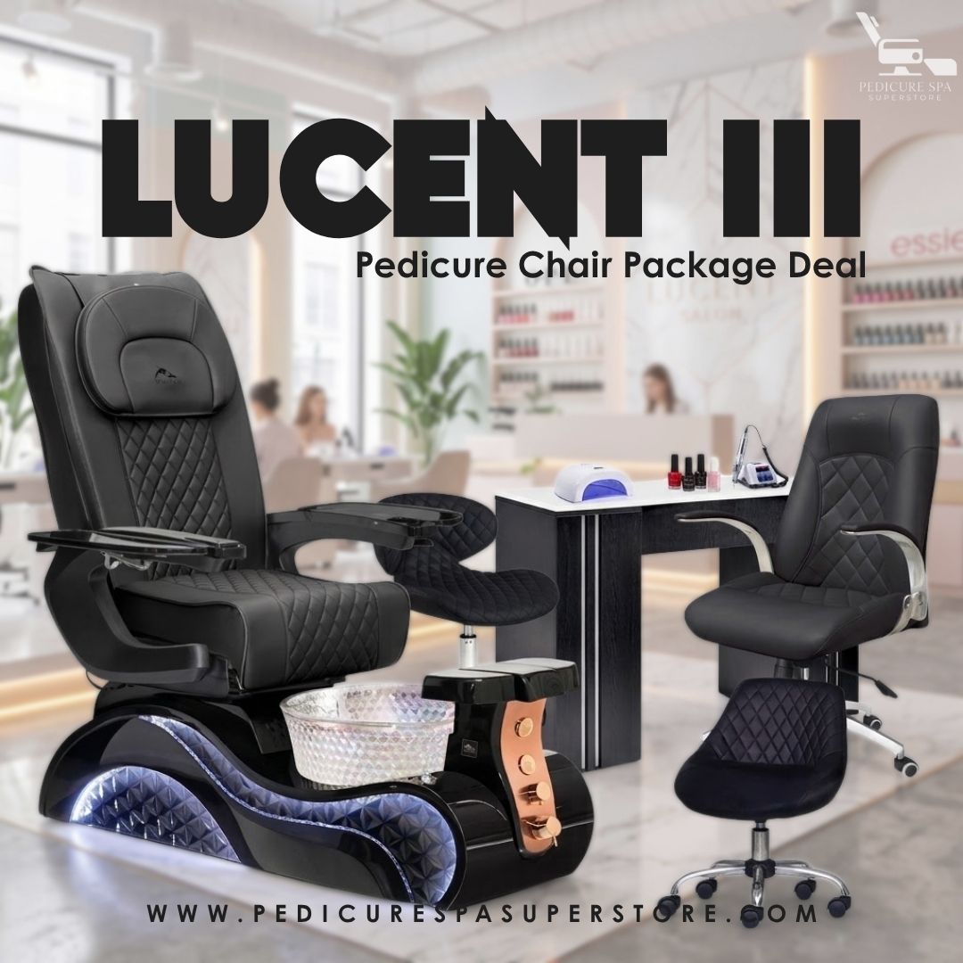 Lucent III pedicure chair package deal featuring a black quilted spa massage chair with LED basin, matching technician stool, customer chair, and manicure table.
