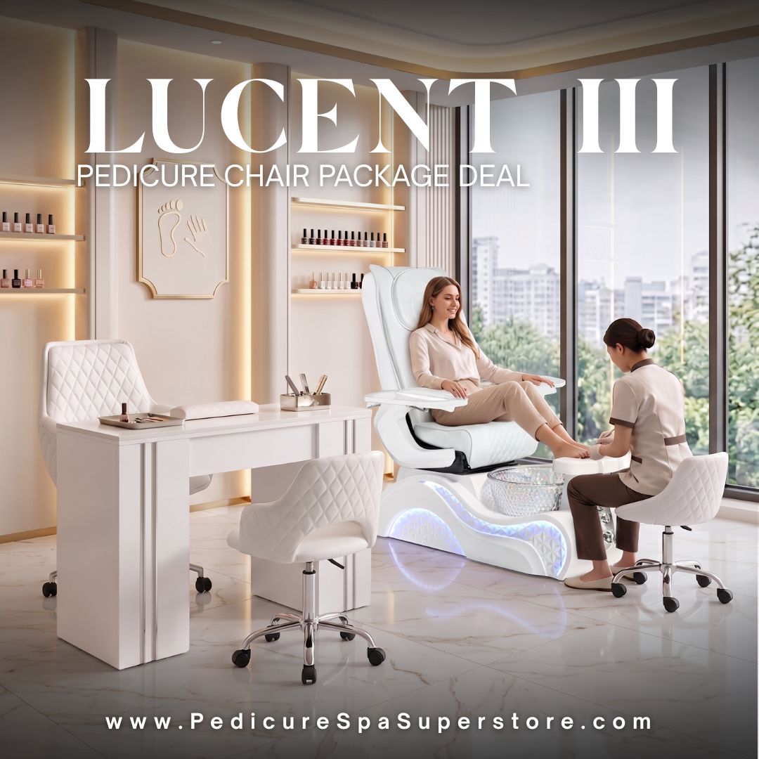 Lucent III pedicure spa chair package deal with matching manicure table and technician stools in a modern nail salon