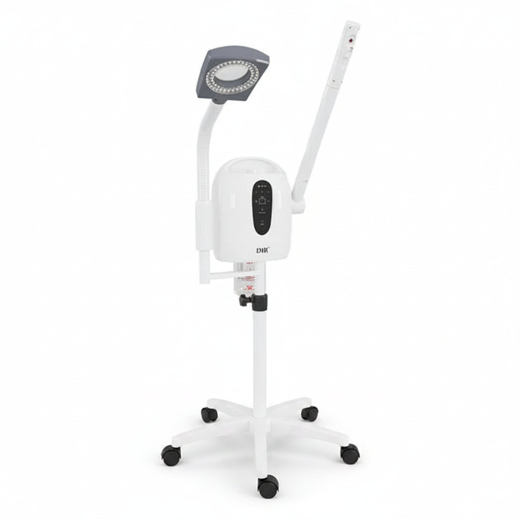 DIR MicroMisty 3-in-1 Professional Facial Steamer with LED Magnifying Lamp and rolling base for medical spa and esthetician treatments.