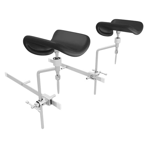 Professional-grade DIR OB GYN examination stirrups complete set with adjustable surgical rail clamps and black cushioned boot supports.