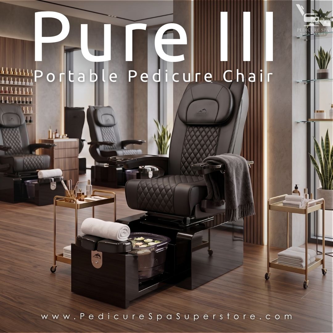 Pure III Portable Pedicure Chair by Pedicure Spa Superstore in black, showing quilted leather seating, fold-out armrest trays, and a sliding foot spa base.