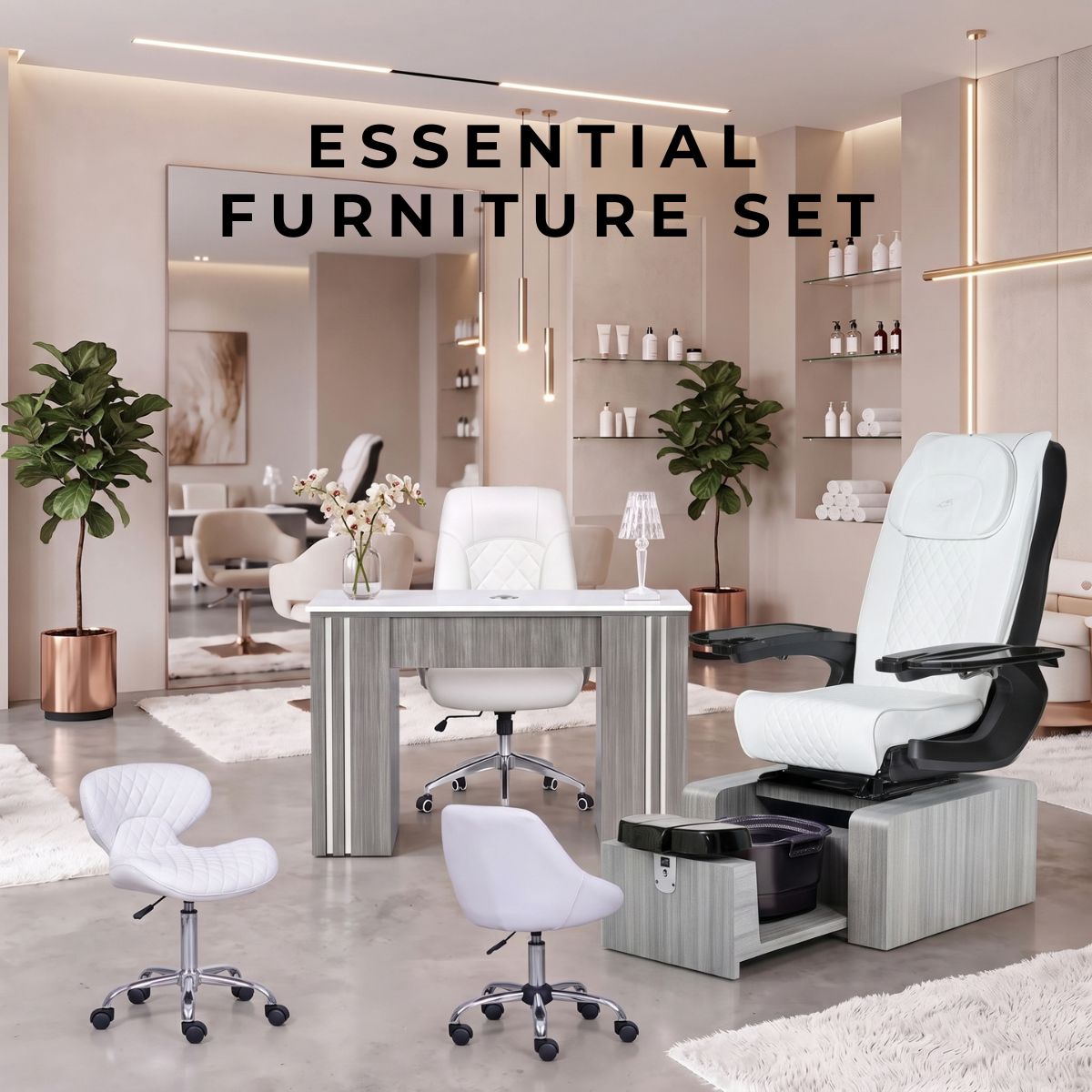 Essential Furniture Set for salons featuring a white quilted pedicure chair with a grey wood-grain base and footbath, a matching grey and white manicure table with a client chair, and two white rolling technician stools in a modern spa setting.