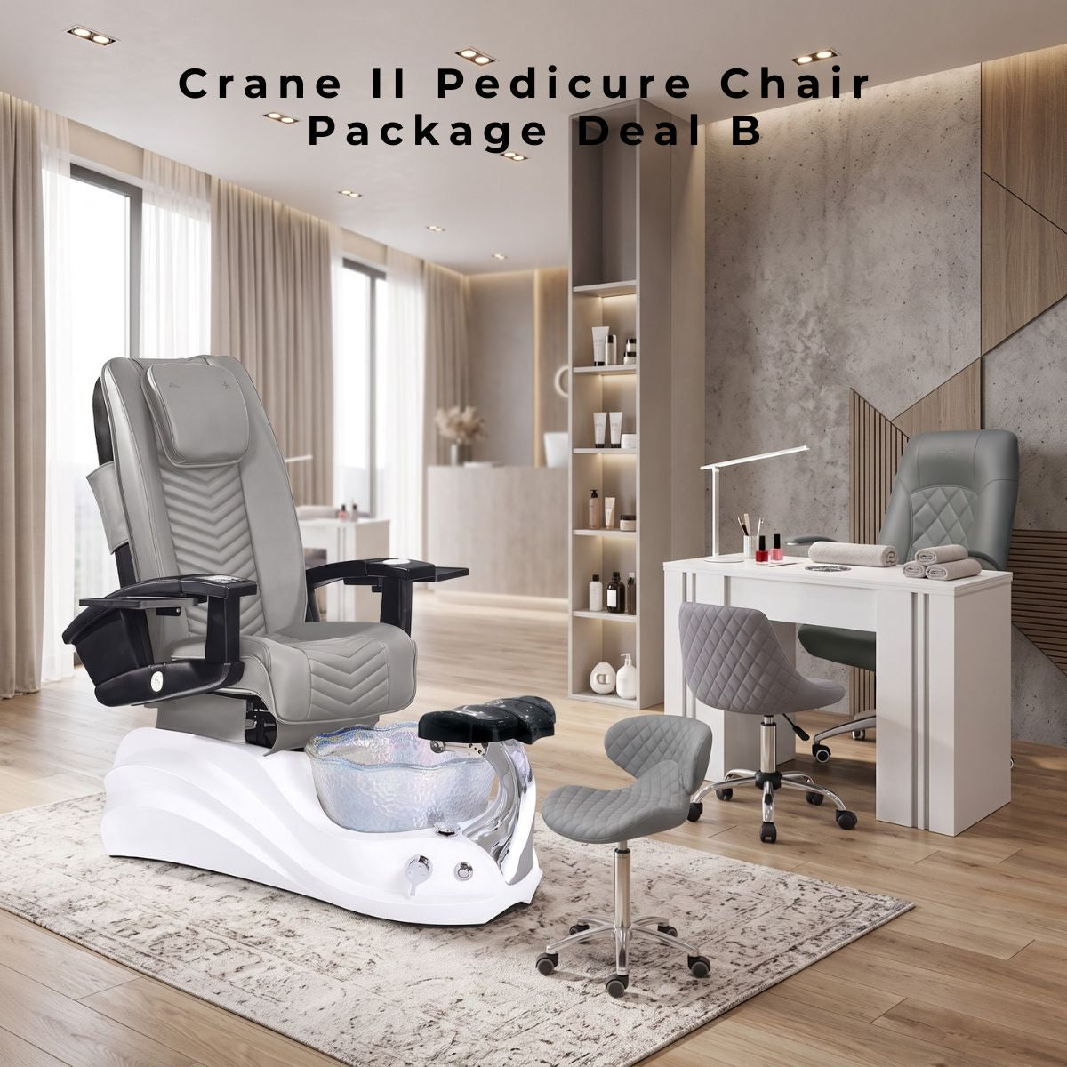 Crane II Pedicure Chair Package Deal B featuring a modern grey pedicure spa chair with a white base, a matching quilted technician stool, and a white manicure table station in a luxury salon setting.