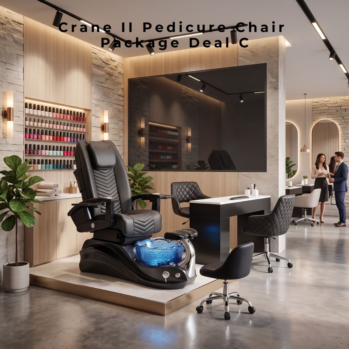 Crane II Pedicure Chair Package Deal C featuring a premium black leather pedicure chair with a glowing blue glass basin, a matching black manicure table with diamond-tufted chairs, and a rolling technician stool in a modern luxury salon setting.