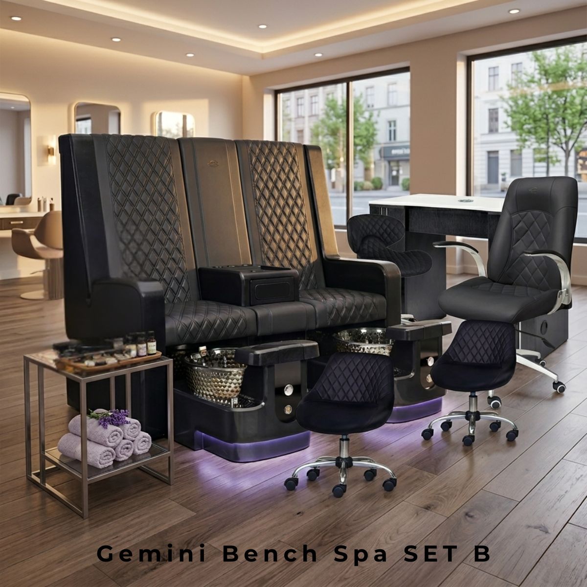 Gemini Bench Spa Set B in a luxury salon setting, featuring a 2-person black leather double pedicure bench with diamond stitching, built-in gold bowls, matching black technician stools, a nail table, and a customer manicure chair.