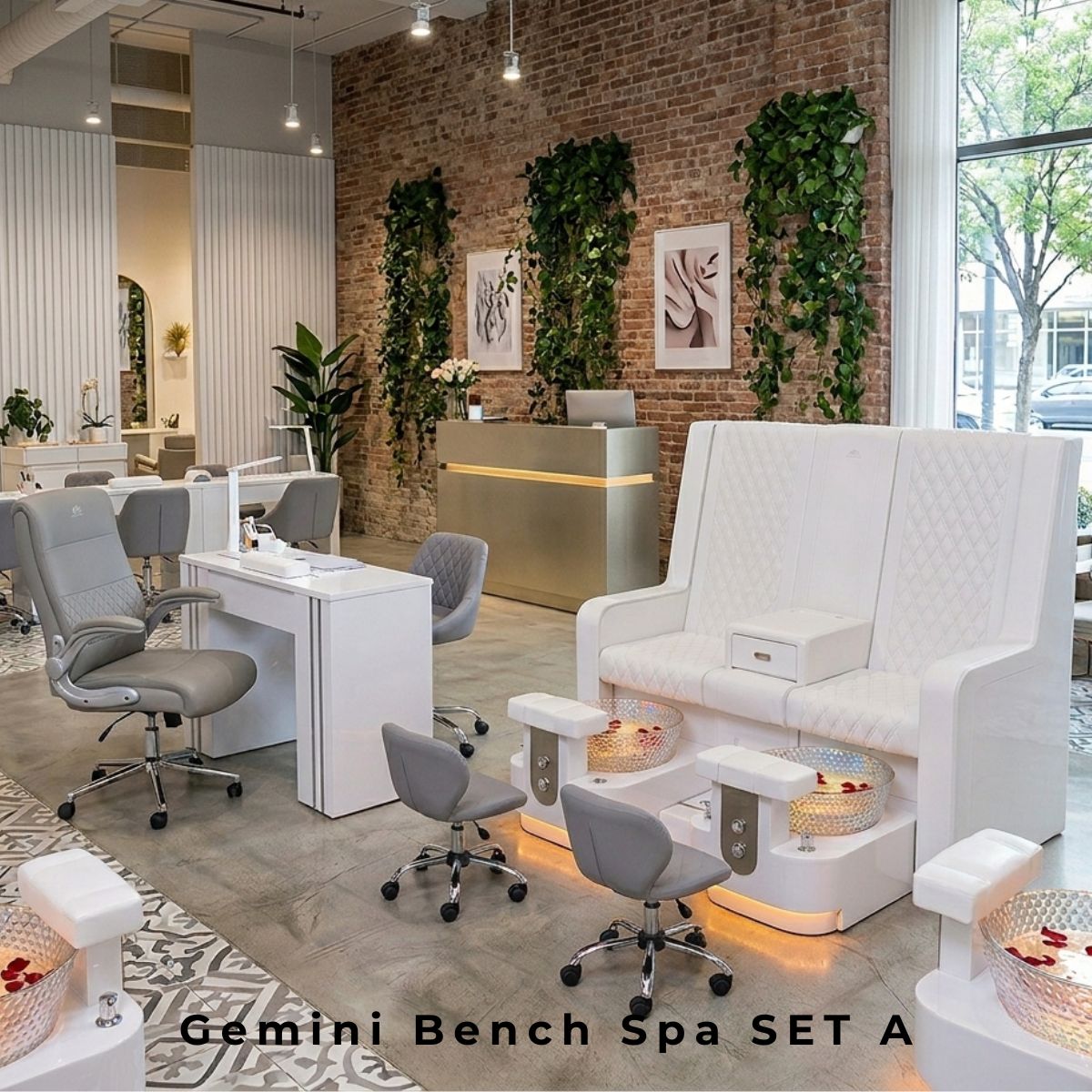 Gemini Bench Spa Set A featuring a double white leather pedicure bench with crystal bowls, a matching white nail table, a grey technician chair, and a customer salon chair in a modern brick salon interior.