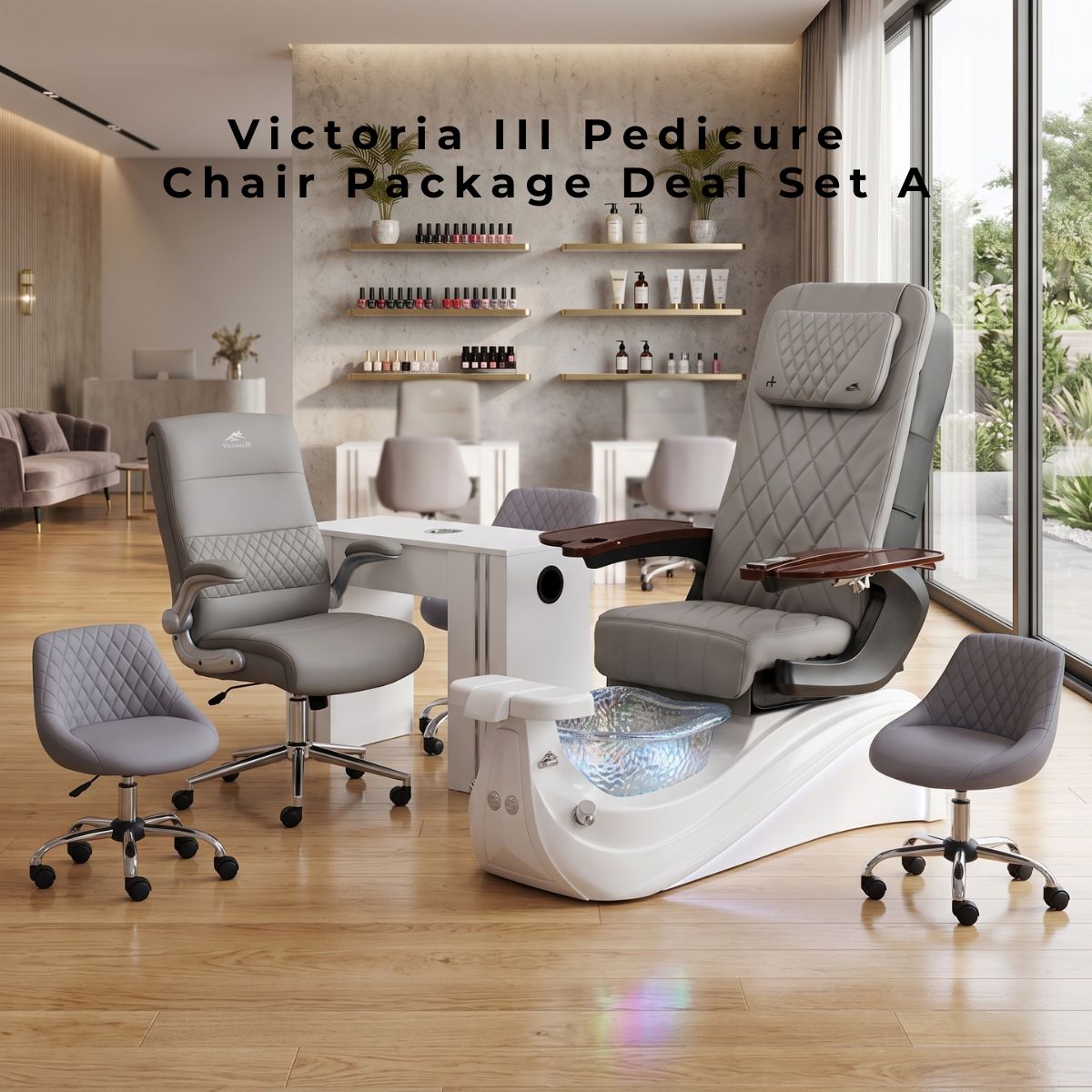 Victoria III Pedicure Chair Package Deal Set A with gray diamond-stitch customer and technician chairs and white nail table.