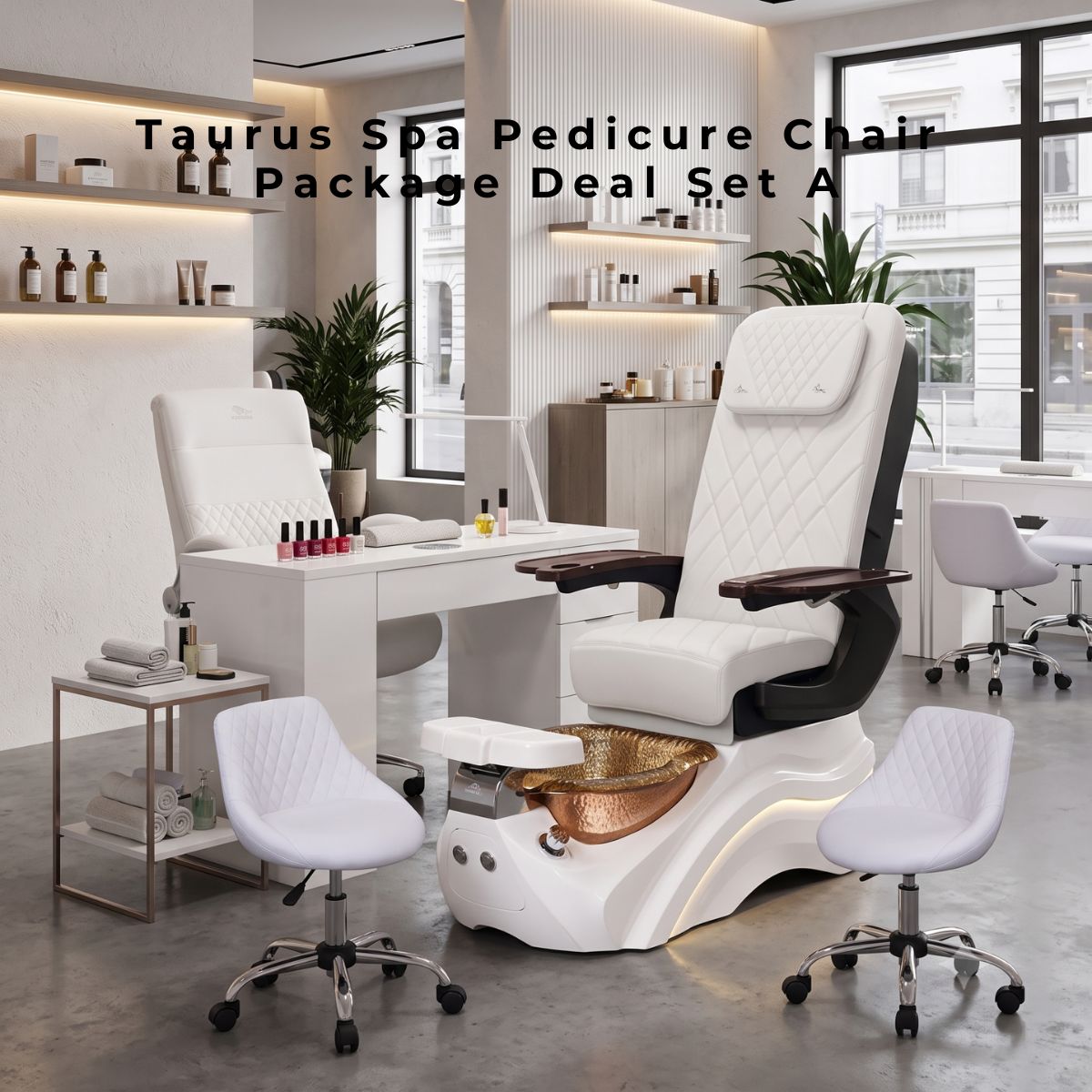 Taurus Spa Pedicure Chair Package Deal Set A featuring a luxury white quilted pedicure chair with a gold basin, a white manicure table, and matching rolling technician stools in a modern salon.