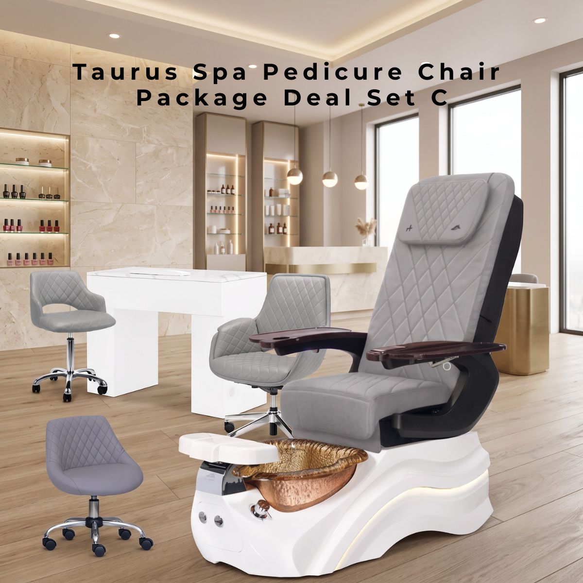 Taurus Spa Pedicure Chair Package Deal Set C featuring a luxury grey quilted pedicure chair with a gold basin, a white manicure table, and matching grey rolling technician stools in a modern salon.