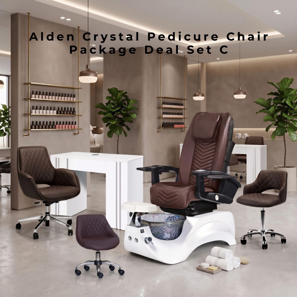 Alden Crystal Pedicure Chair Package Deal Set C featuring a brown reclining pedicure chair on a white base, crystal footbath, white manicure desk, and matching brown salon stools.