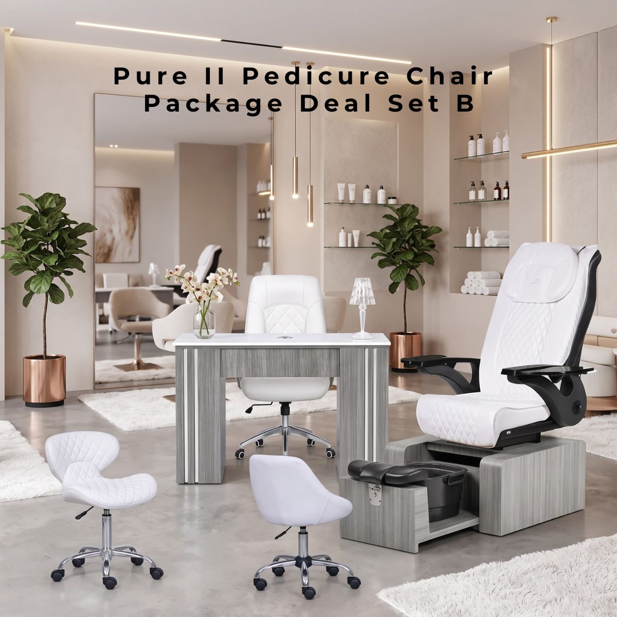 A luxurious salon setup featuring the Pure II Pedicure Chair Package Deal Set B. The comprehensive furniture collection includes a modern grey wood pedicure station with a white, diamond-quilted reclining chair and integrated foot tub, a matching manicure table with a white top and vertical slats, a client chair, and two rolling technician stools, all with white quilted leather upholstery. The background shows Fiddle Leaf Fig trees, elegant gold pendant lights, and a large mirror.