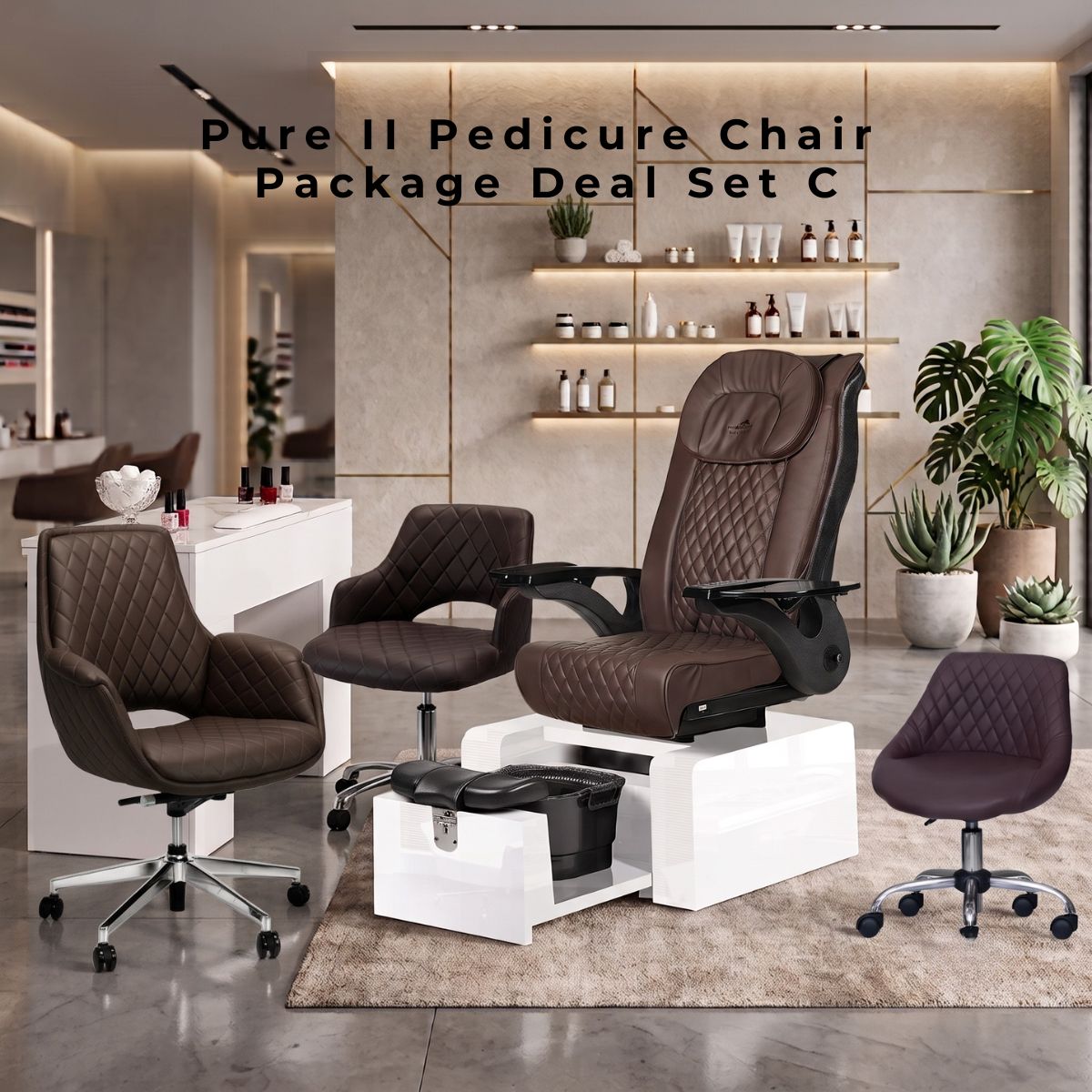 Pure II Pedicure Chair Package Deal Set C in a luxury salon. Features a brown diamond-quilted pedicure chair on a white base with a built-in basin, a white manicure table, and three matching brown quilted chairs.