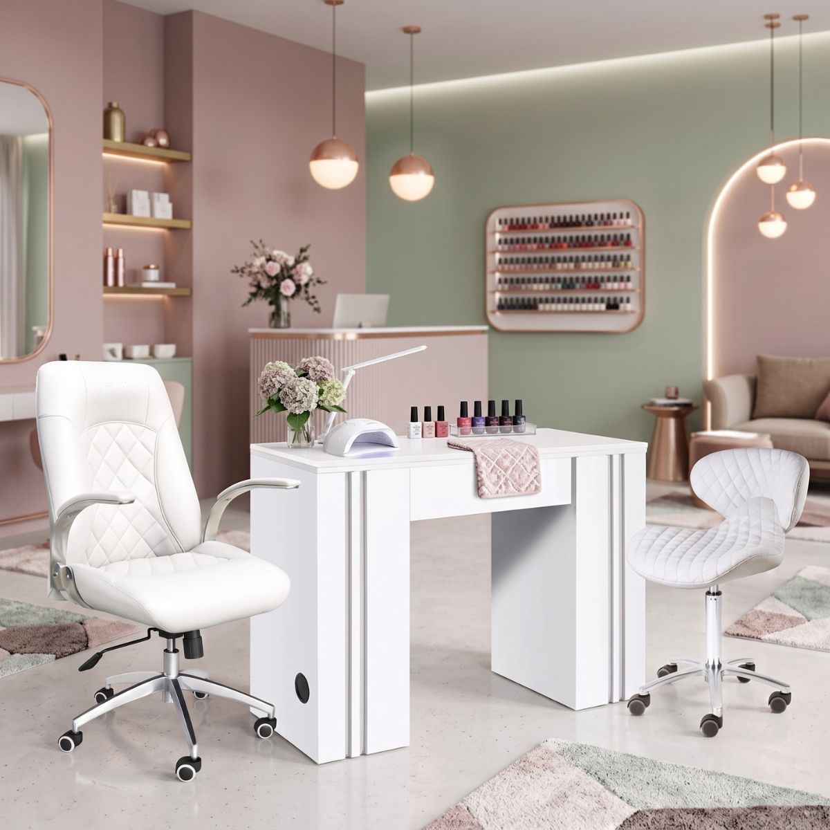 Modern white manicurist desk set with adjustable ergonomic chairs in a luxury pink and green nail salon interior.