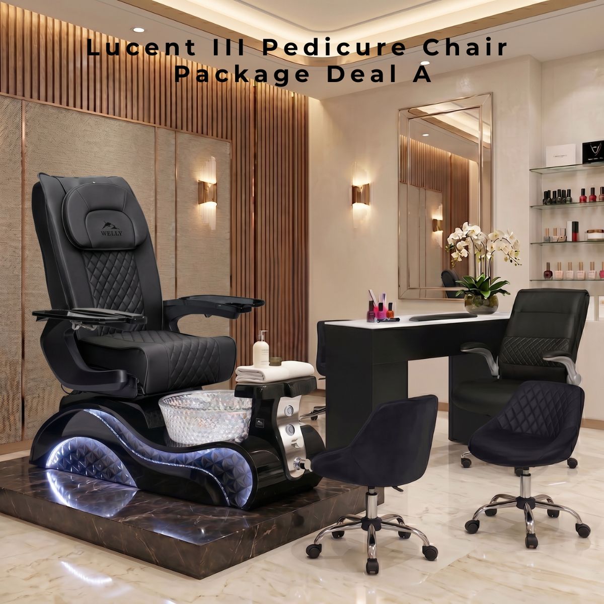 Lucent III black pedicure spa chair package deal with crystal basin, matching manicure desk, and salon stools.