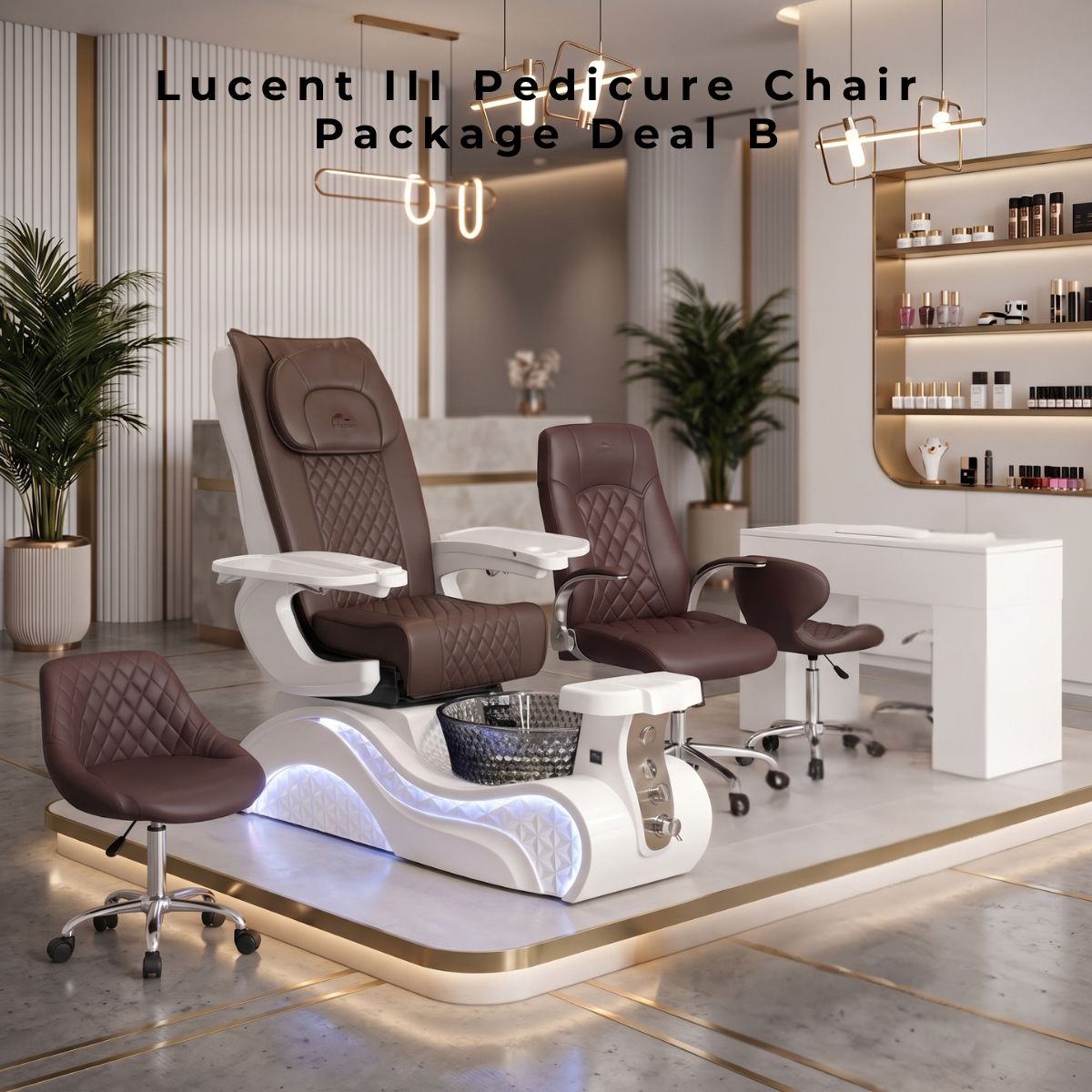 ucent III Pedicure Chair Package Deal B featuring white LED base, chocolate brown quilted upholstery, matching technician and customer chairs, and white manicure table in a modern salon.