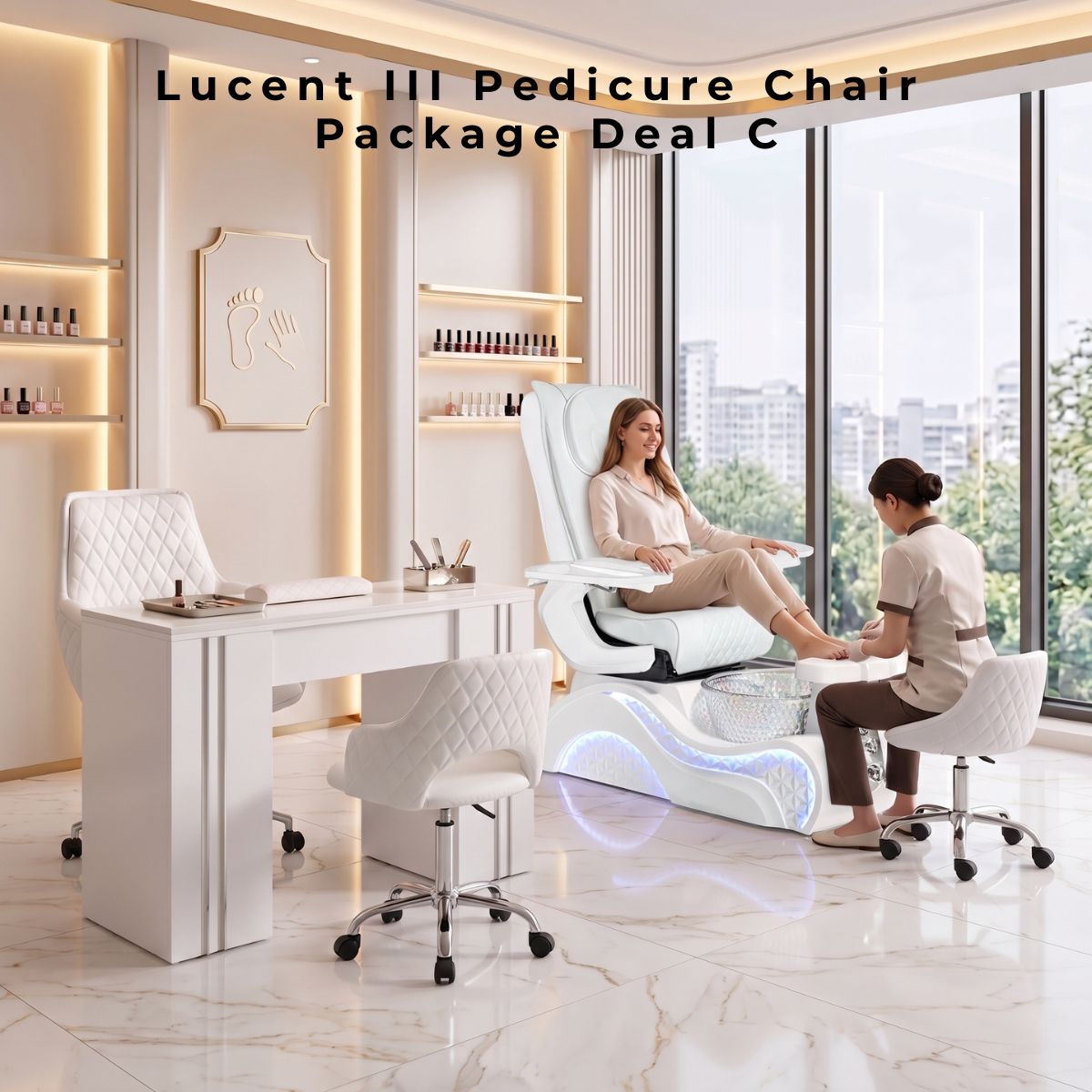 Lucent III Pedicure Chair Package Deal C featuring white LED pedicure spa chair with crystal glass bowl, matching manicure table, and tufted Sol customer chairs in modern salon.