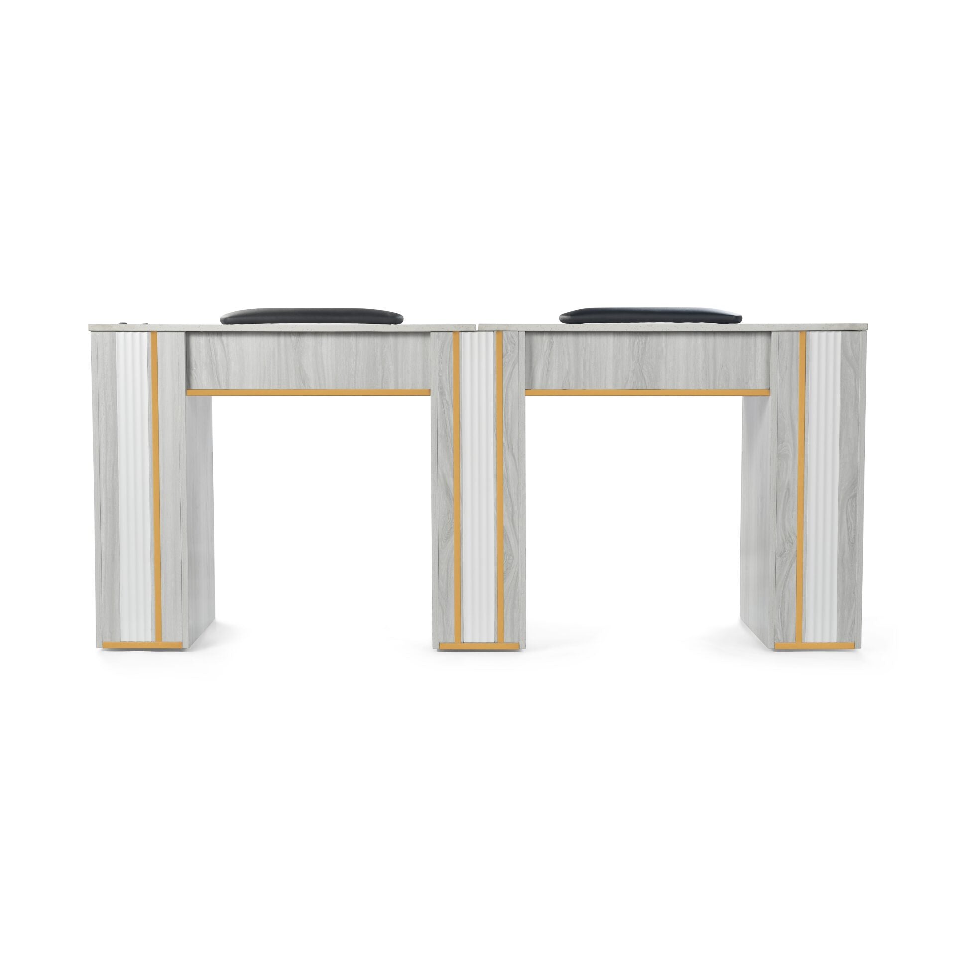Modern desk with marble-like finish and gold accents on a white background