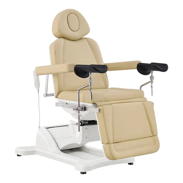 Electric beige leather medical examination and procedure chair with adjustable headrest, padded armrests, integrated leg supports, and a heavy-duty motorized base.