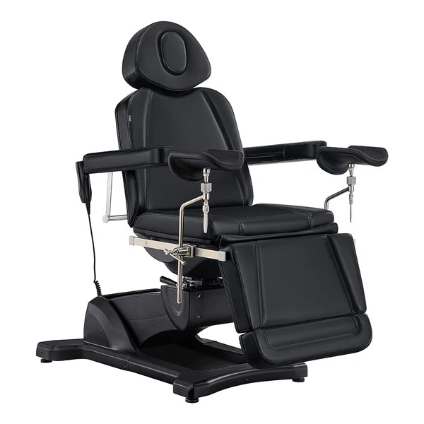 Electric black leather medical examination and procedure chair with adjustable headrest, padded armrests, integrated leg supports, and a heavy-duty motorized base.