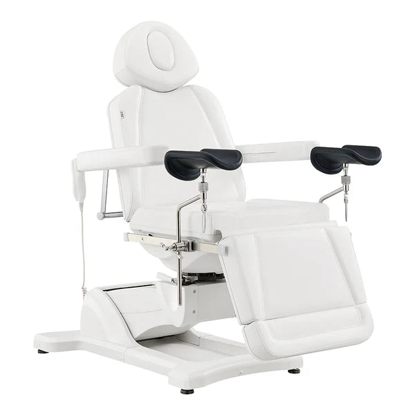 Electric white leather medical examination and procedure chair with adjustable headrest, padded armrests, integrated leg supports, and a heavy-duty motorized base.