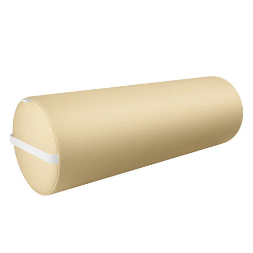 DIR Full Round Bolster Pillow in Beige faux leather, premium under-knee and orthopedic lumbar support cushion for chiropractic and massage tables.