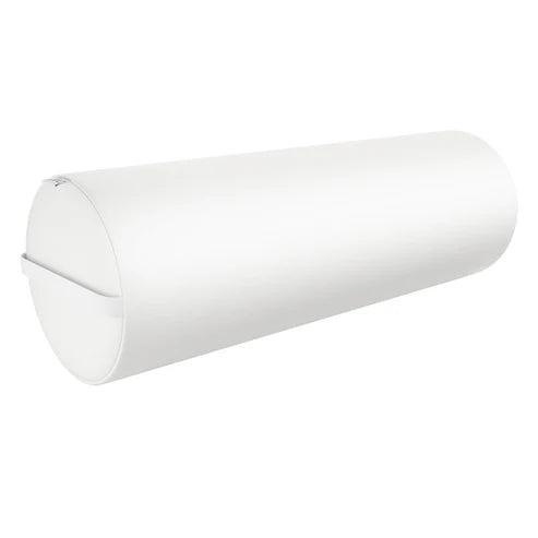 DIR Full Round Bolster Pillow in white faux leather, premium under-knee and orthopedic lumbar support cushion for chiropractic and massage tables.