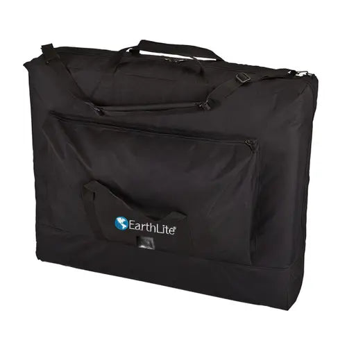 Black heavy-duty vinyl 4-pocket massage table carry case with padded strap and dual zipper pulls.